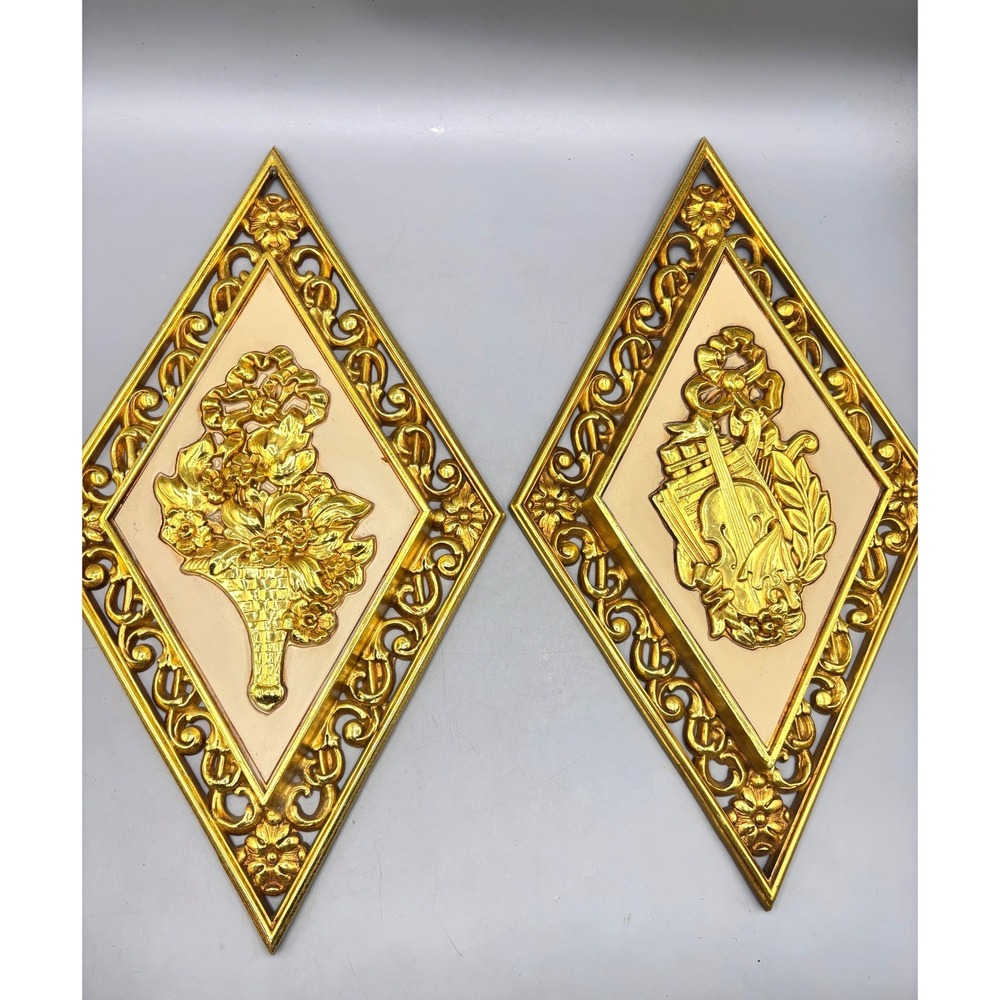Vtg Syroco Diamond‎ Shaped Wall Art Set Gold Tone Musical Notes Floral Hollywood
